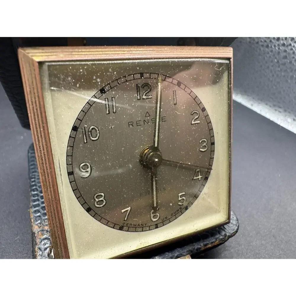 Vintage Rensie Germany Travel Alarm Clock 7 Jewels Genuine Leather Case
